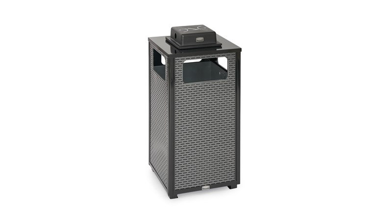 The Dimension Series 24 Gallon FGR18 decorative outdoor waste container's perforated steel panels create an upscale, dimensional look that complements contemporary outdoor enviornments.