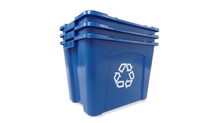 The Rubbermaid Commercial Recycling Bin is made of post-consumer recycled resin for commercial recycling use.