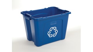 The Rubbermaid Commercial Recycling Bin is made of post-consumer recycled resin for commercial recycling use.