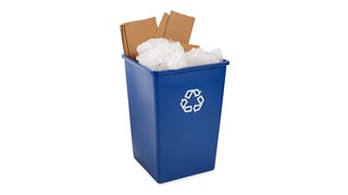 The Rubbermaid Commercial Untouchable® Recycling Container is perfect for use in areas of high paper generation, such as near copiers, printers, and in mailrooms. This square recycler contains Post-Consumer Recycled Resin (PCR) exceeding EPA guidelines.
