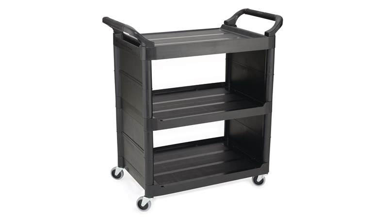 The Rubbermaid Commercial Utility Cart features easy-to-clean smooth surfaces, swivel casters for easy mobility, and user-friendly easy to grip handles.