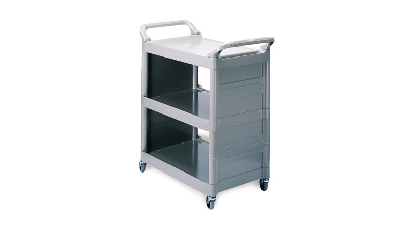 The Rubbermaid Commercial 3421 Service Cart with Swivel Casters and End Panels, Platinum. 150 lbs load capacity, easy to clean shelves, comfortable curved handles.