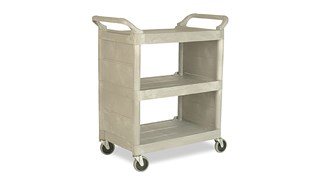 The Rubbermaid Commercial 3421 Service Cart with Swivel Casters and End Panels, Platinum. 150 lbs load capacity, easy to clean shelves, comfortable curved handles.