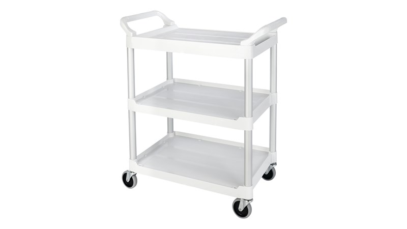 The Rubbermaid Commercial Utility Cart features easy-to-clean smooth surfaces, swivel castors for easy mobility, and user-friendly easy to grip handles.