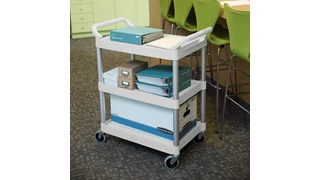 The Rubbermaid Commercial Utility Cart features easy-to-clean smooth surfaces, swivel castors for easy mobility, and user-friendly easy to grip handles.