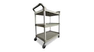 The Rubbermaid Commercial Utility Cart, 3 Shelf, is a versatile, durable cart that can support up to 200 lbs.