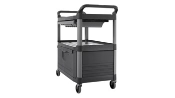 The Rubbermaid Commercial Xtra Instrument and Utility Cart is a rolling utility cart with two shelves, a lockable cabinet and a sliding drawer.