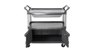 The Rubbermaid Commercial Xtra Instrument and Utility Cart is a rolling utility cart with two shelves, a lockable cabinet and a s Liding drawer.