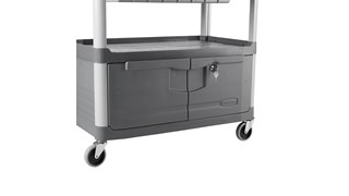 The Rubbermaid Commercial Xtra Instrument and Utility Cart is a rolling utility cart with two shelves, a lockable cabinet and a s Liding drawer.