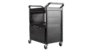 The Rubbermaid Commercial 2-Shelf Utility Cart with Cabinet and S Liding Drawer features all-plastic construction make this wheel cart durable and easy to maintain.