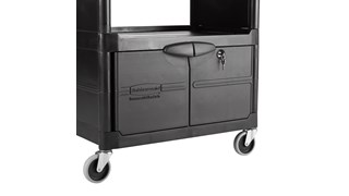 The Rubbermaid Commercial 2-Shelf Utility Cart with Cabinet and S Liding Drawer features all-plastic construction make this wheel cart durable and easy to maintain.