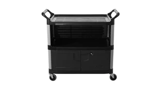 The Rubbermaid Commercial Utility Cart features two shelves and a locking lower cabinet. This rolling utility cart is constructed from high-density polypropylene for improved chemical resistance.