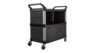 The Rubbermaid Commercial Utility Cart features two shelves and a locking lower cabinet. This rolling utility cart is constructed from high-density polypropylene for improved chemical resistance.