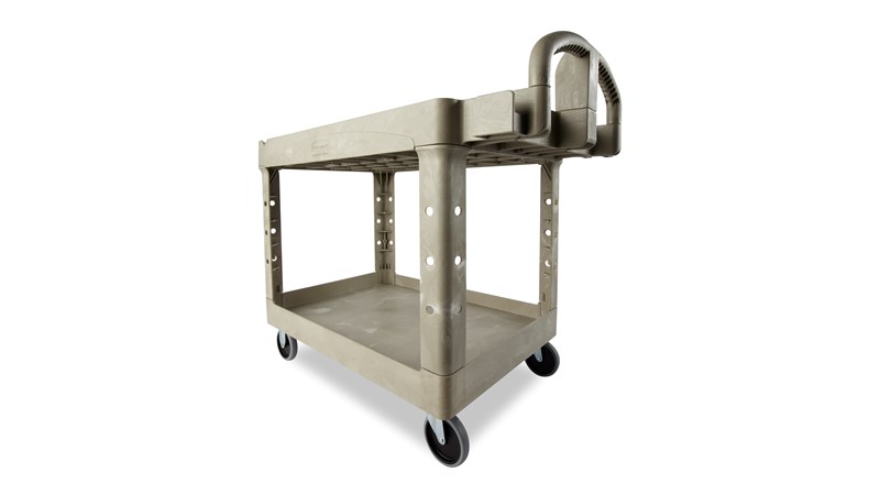 The Rubbermaid Commercial Heavy-Duty Utility Cart with 2 Lipped shelves, Medium, is a versatile, durable cart that can transport up to 500 lbs.
