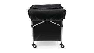 The Rubbermaid Commercial Cover for Collapsible X-Cart features multiple storage compartments to keep frequently used tools and cleaning supplies within reach.