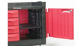 The Rubbermaid Commercial TradeMaster Mobile Work Center Utility Cart, 4 Drawer, easily transports tools and supplies where you need them.