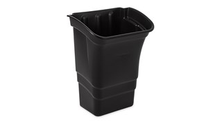 The Rubbermaid Commercial Executive Series Service Cart Refuse Bin is a lipped bin designed to rest on the edge of a service cart.