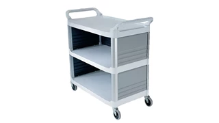 The Rubbermaid Commercial Xtra Utility Cart with Enclosed End Panels is ideal for providing table service and similar tasks.