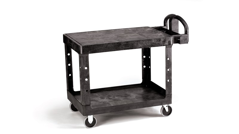 The Rubbermaid Commercial Heavy-Duty Utility Cart, 2 Shelf, Medium, is a versatile, durable cart that can transport up to 500 lbs.