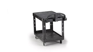 The Rubbermaid Commercial Heavy-Duty Utility Cart, 2 Shelf, Medium, is a versatile, durable cart that can transport up to 500 lbs.