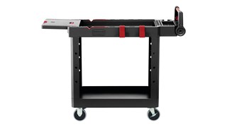 The Heavy Duty Adaptable Cart from Rubbermaid Commercial provides superior versatility for tackling whatever task is at hand.  It reduces the need for time-consuming user modifications with a variety of integrated features including: an ergonomic adjustable handle with four positions for maximum comfort, a flip-up shelf, locking castors, and numerous storage features designed to help organise tools and small parts.