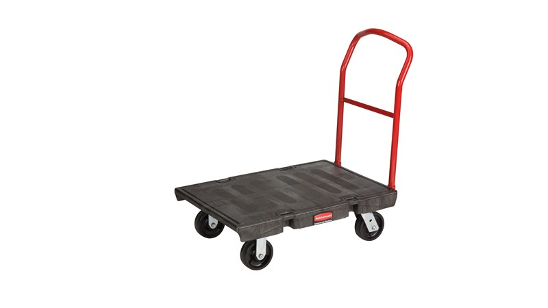 The Rubbermaid Commercial Heavy-Duty Platform Truck is constructed from Duramold resin and metal composite for durability and strength.