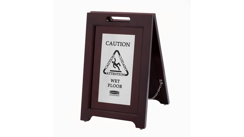 Elegant, dark hardwood "Caution" Sign is 2-sided for effective multilingual safety communication that won't disrupt a building's image.