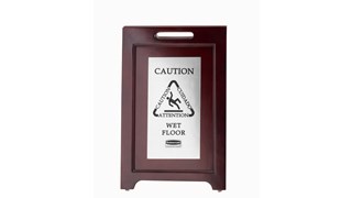 Elegant, dark hardwood "Caution" Sign is 2-sided for effective multilingual safety communication that won't disrupt a building's image.