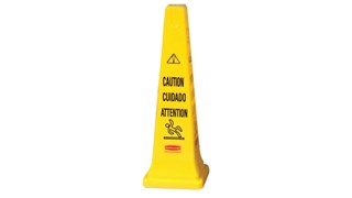 Gut sichtbarer, gelber Sicherheits- und Gefahrenschutzkegel, 91 cm. Mehrsprachige Sicherheitskommunikation in ANSI- / OSHA-konformer Farbe.