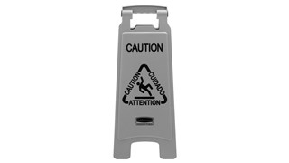 Sleek,  Lightweight "Caution" sign is 2-sided for effective multilingual safety communication that won't disrupt a building's image.