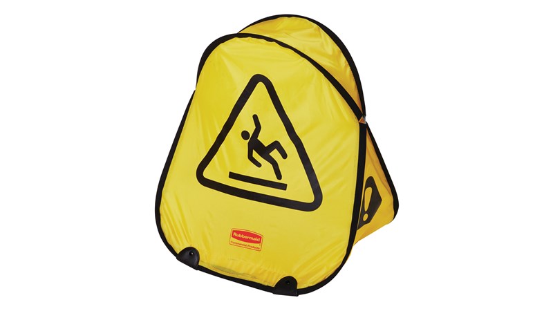 Large cone folds with a simple twist and slides into compact shell for handy storage. International Wet Floor Symbol communication utilizes ANSI/OSHA-compliant Colour and graphics.