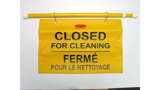 "Closed For Cleaning" hanging sign is on an extendable pole to block doorways and entrances up to 50" wide.