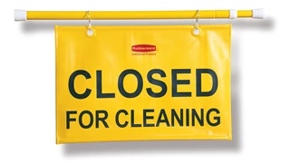 "Closed For Cleaning" hanging sign is on an extendable pole to block doorways and entrances up to 127cm wide and utilizes ANSI/OSHA-compliant colour