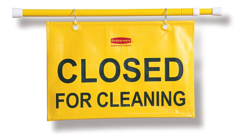 "Closed For Cleaning" hanging sign is on an extendable pole to block doorways and entrances up to 127cm wide and utilizes ANSI/OSHA-compliant colour