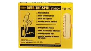 Dispensing station mounts on flat surfaces and has pads that soak up water and oil quickly and completely for an effective way to deal with spills.