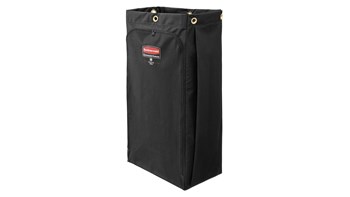 The Rubbermaid Commercial Canvas Bag for Janitorial Cleaning Carts with vinyl lining collects up to 113.56 L of waste with zippered front for easy trash removal.
