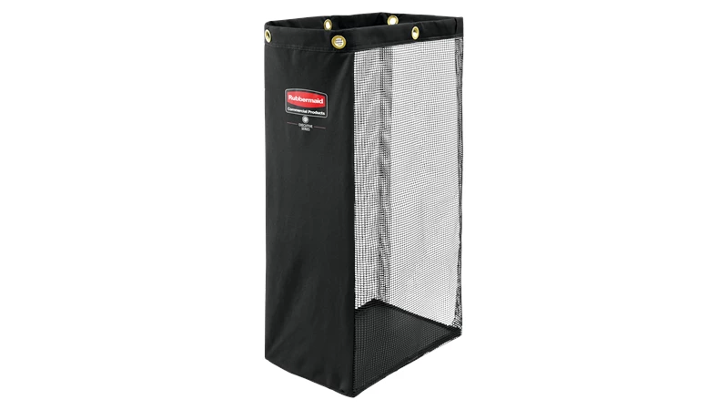 The Rubbermaid Commercial Side-Load Mesh Linen bag for housekeeping carts increases capacity for clean linens without the need for a larger cart.