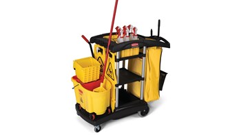 The High-Capacity Janitorial Cleaning Cart offers 40% more space than traditional cleaning carts to save time retrieving supplies.