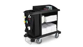 The Executive Compact Housekeeping Cart is a complete system solution for housekeeping. Adjustable storage options easily accommodate specific cleaning supply needs and provide flexibility. This sleek cart is designed to elevate your facility image by allowing staff to blend into the environment with discreet colours, reduced noise, and concealed supplies.
Features and Benefits: