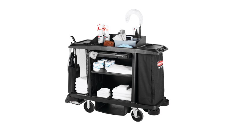 The Rubbermaid Commercial Executive Full-Size Housekeeping Cart is a complete system solution for housekeeping with optional double bag collection and adjustable shelves.