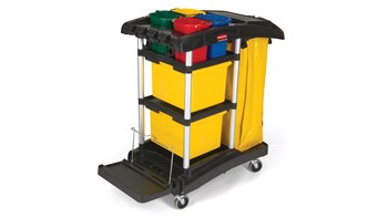 The Rubbermaid Commercial High-Capacity Janitorial Cleaning Cart with Bins is a complete system solution for your cleaning needs.