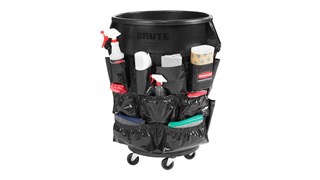 Verwandeln Sie den BRUTE®-Behälter von Rubbermaid Commercial in einen Reinigungswagen für die Lagerung und den Transport von Sprühflaschen, Nassbodenschildern, Lobby-Staubwedeln, Bürsten, Beuteln, Handschuhen und anderen Reinigungsmitteln