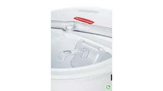 The Rubbermaid Commercial ProSave® Sliding  Lid and scoop for 36 L BRUTE® ingredient container