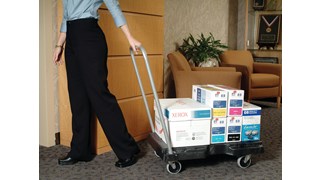 The Rubbermaid Commercial Triple Trolley efficiently transports large bulky loads and then folds flat for easy storage.