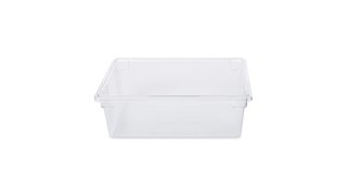 The Rubbermaid Commercial Food Storage Tote Box is a clear, stain-resistant bulk food storage container. It features label and date panels for easy identification.