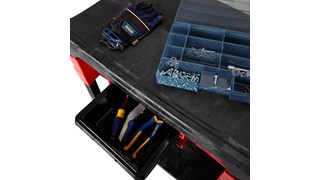 The Rubbermaid Commercial Utility Cart moves productivity right to the work site with a total tool storage and mobile workbench system.